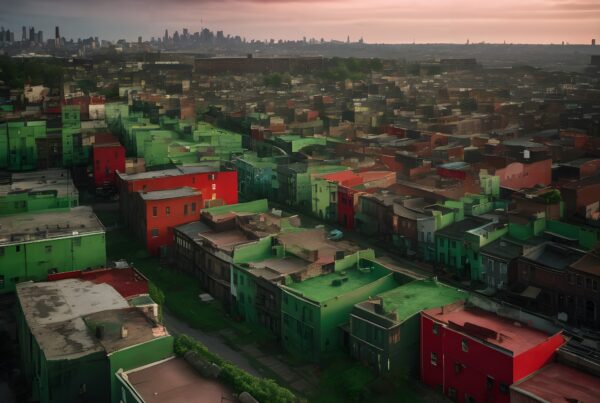 A stunning cityscape with vivid buildings under a dramatic red and gray sky, set against a distant skyline.