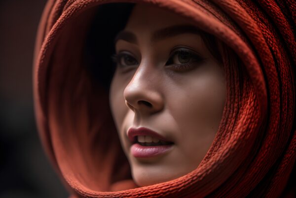 Close-up portrait of a person wrapped in a red textured fabric creating an elegant and contemplative mood.