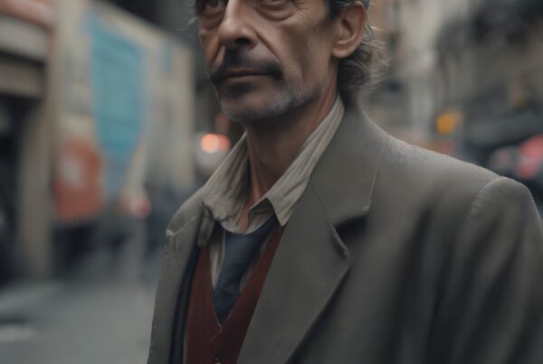 Middle-aged man with contemplative expression standing in bustling city street.