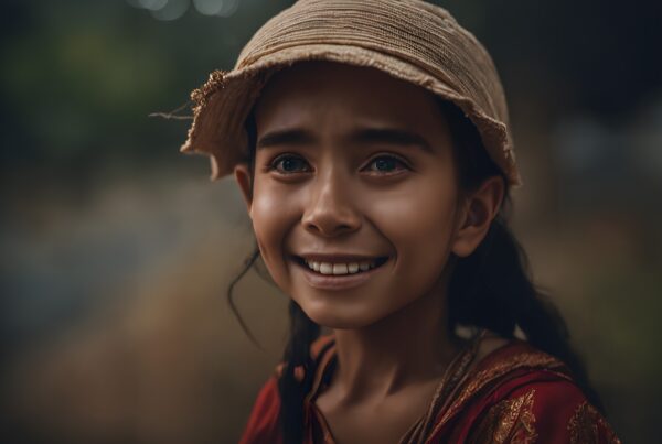 Portrait of a smiling child wearing a woven hat, set against a soft, earthy background.