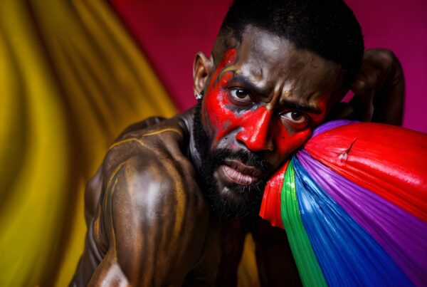 A man with bold red face paint leans on rainbow fabric against a vivid background.