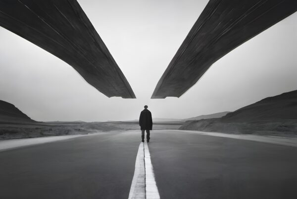 A person stands on an infinite road under hovering dark structures in a surreal black and white landscape.
