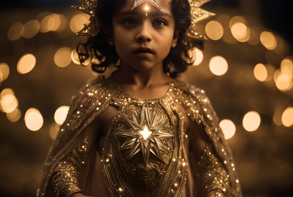 A young child in a shimmering star-themed costume stands against a backdrop of golden bokeh lights, creating a dreamy and ethereal atmosphere.