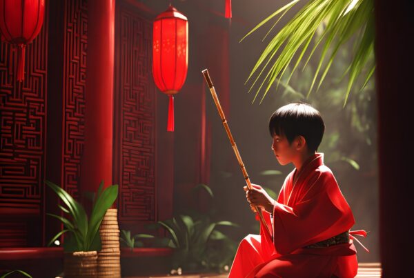 A young boy in a red kimono holds a bamboo stick on a porch, surrounded by warm lantern light and greenery.