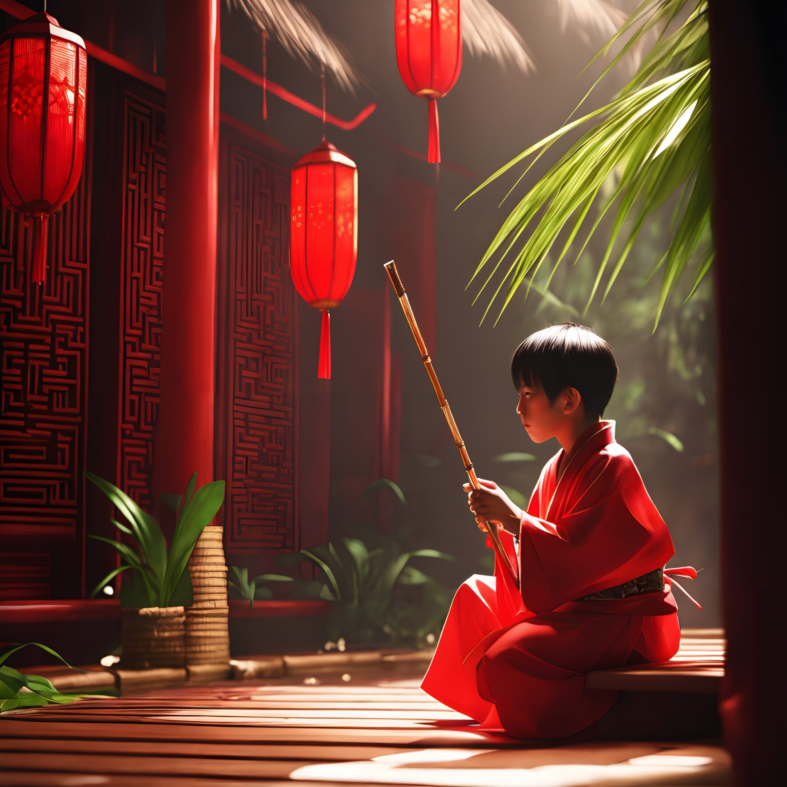 Peaceful Moment in Red Kimono