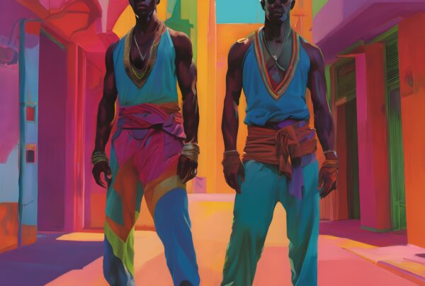 Men in stylish, colorful outfits stand confidently in a vibrantly colored urban setting, embodying modern pop-art fashion.