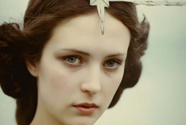 Portrait of a young woman with a star diadem, conveying mysticism and elegance.