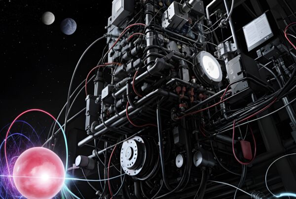 Futuristic machine against starry backdrop.
