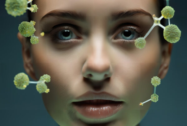 A woman with green molecules around her face.