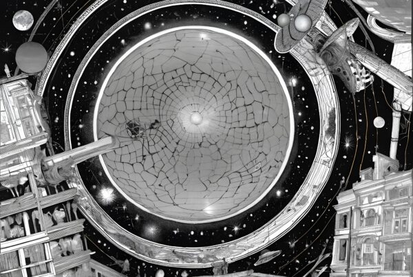 A surreal cityscape merging with cosmic elements, featuring planets and a central cracked dome, rendered in intricate black-and-white detail.