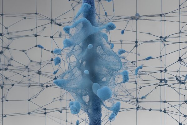 Abstract blue network of interconnected fibers.