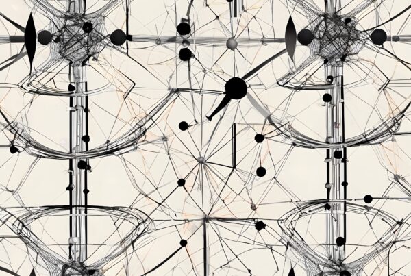 Complex geometric pattern with interconnected lines and shapes on a beige background, creating a digital network impression.