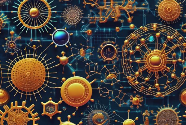 Intricate golden gears and nodes network on dark blue background.
