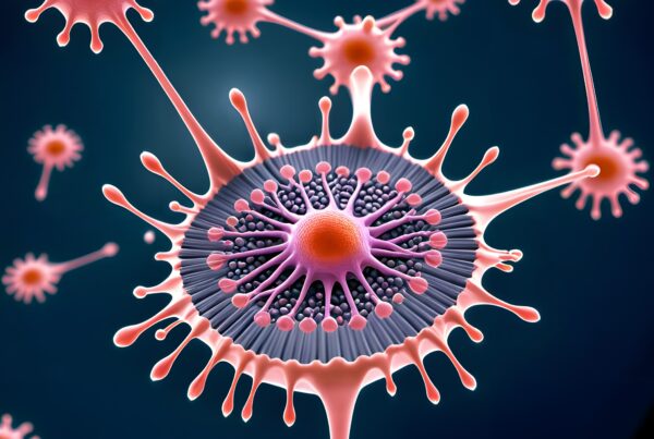 3D rendering of a virus-like structure with pink spikes on a dark blue background.