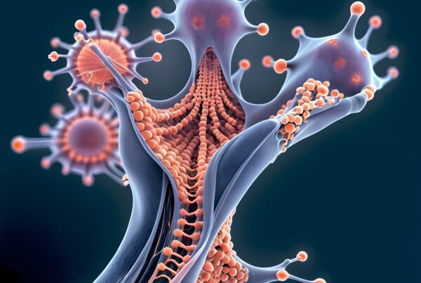 Artistic illustration of a virus structure with spikes.