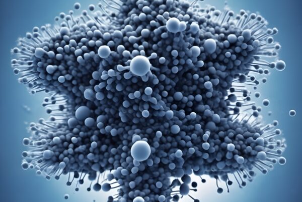 Microscopic visualization of a complex virus structure against a blue gradient background.