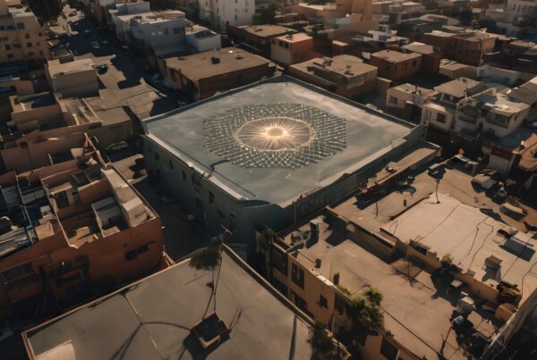 Aerial view of urban rooftop with sun-like mural design in cityscape.