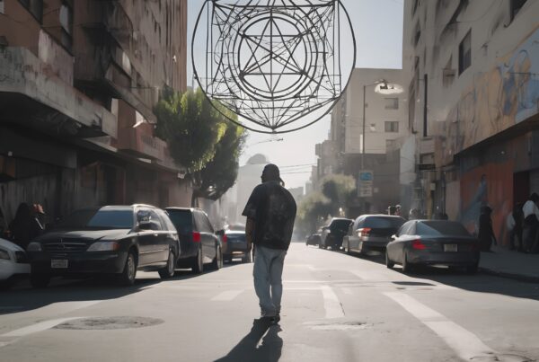 A person walks down a sunlit urban street, beneath hanging wire art.