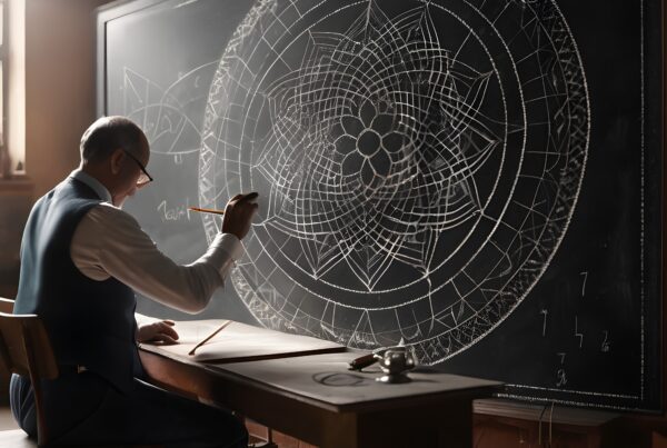 A man drawing geometric mandala patterns on a blackboard.