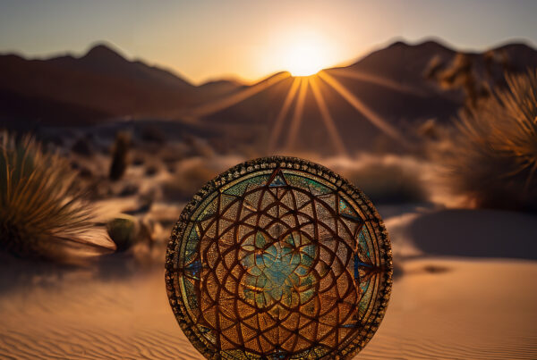 A representation of the Flower of Life pattern against a setting sun.