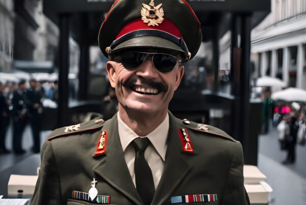 A smiling military officer stands confidently at a public event.