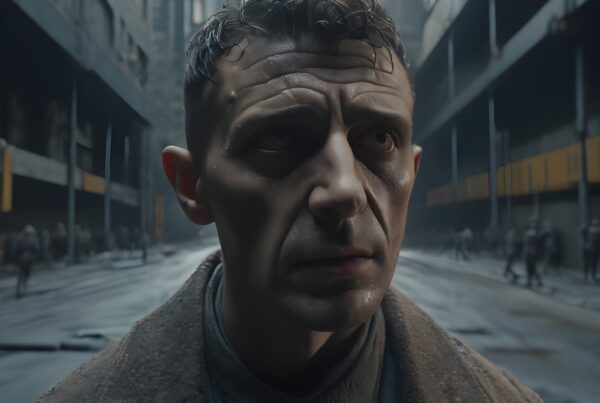 A man stands pensively in a dystopian cityscape, surrounded by towering, dark buildings under an overcast sky.