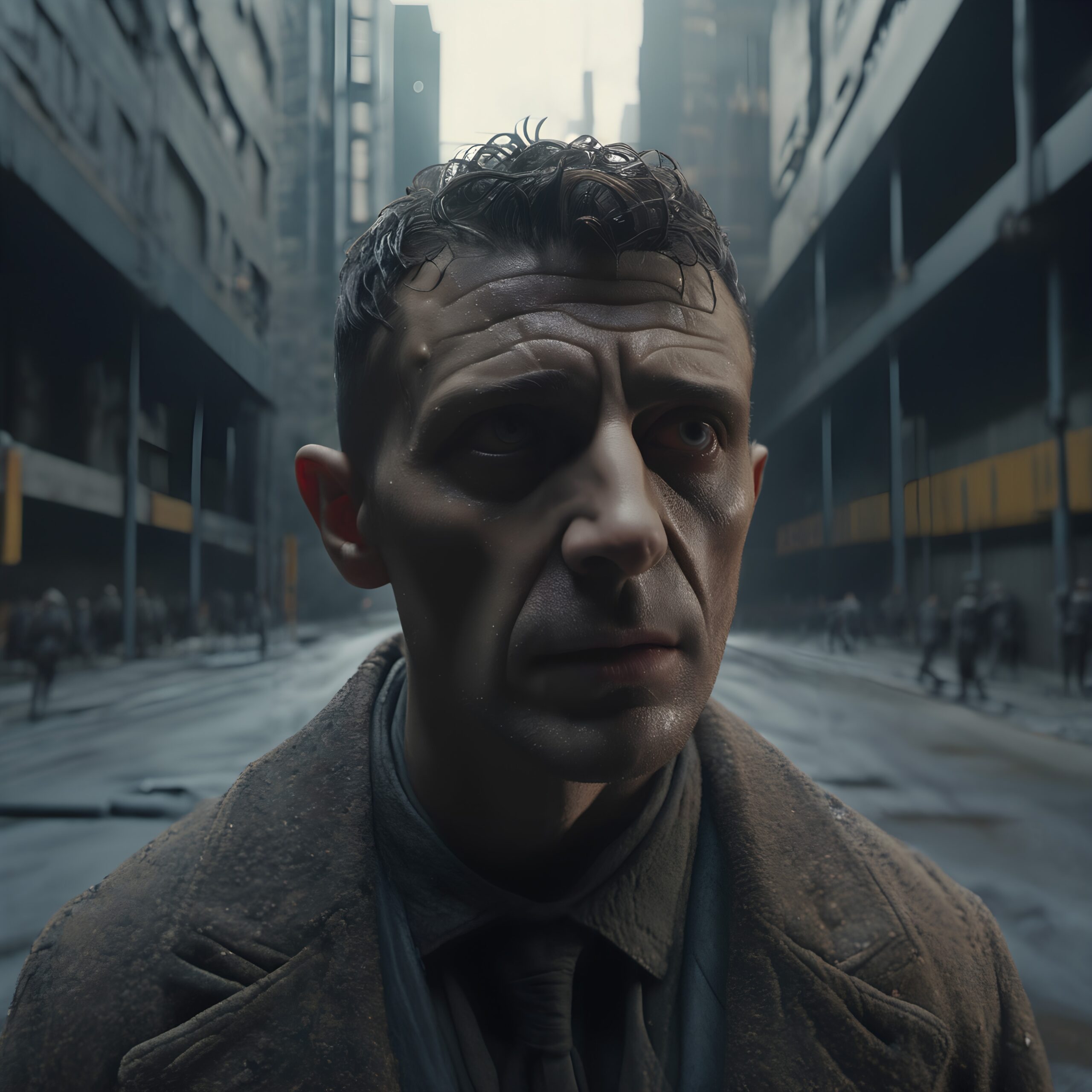 Contemplation in Dystopian Cityscape