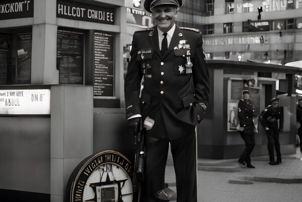 Black-and-white photo of a decorated military officer in a modern urban setting, conveying ceremony and tradition.