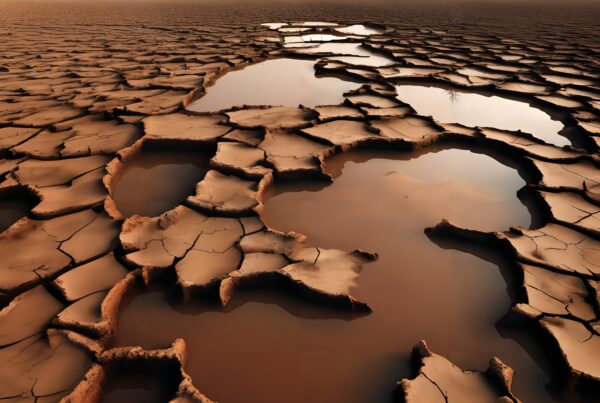 A dramatic desert landscape with cracked earth and water pools under a glowing sky.