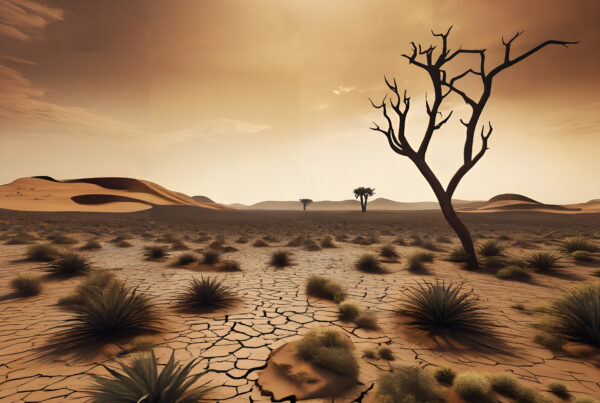 A dry desert caused by climate change with a tree and bushes.