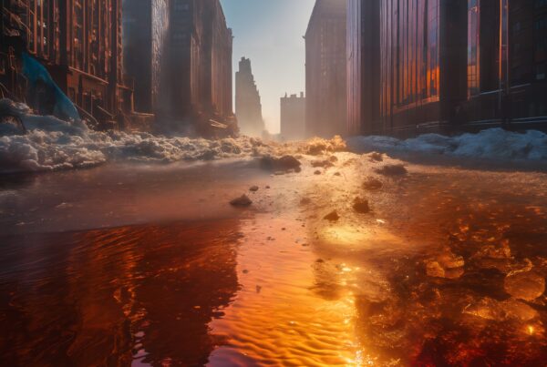 A vibrant city street flooded with golden sunset reflections on water, between towering buildings.