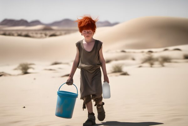 A boy with red hair carries a blue bucket and a white bottle while walking across a desert, surrounded by sand dunes and distant mountains.
