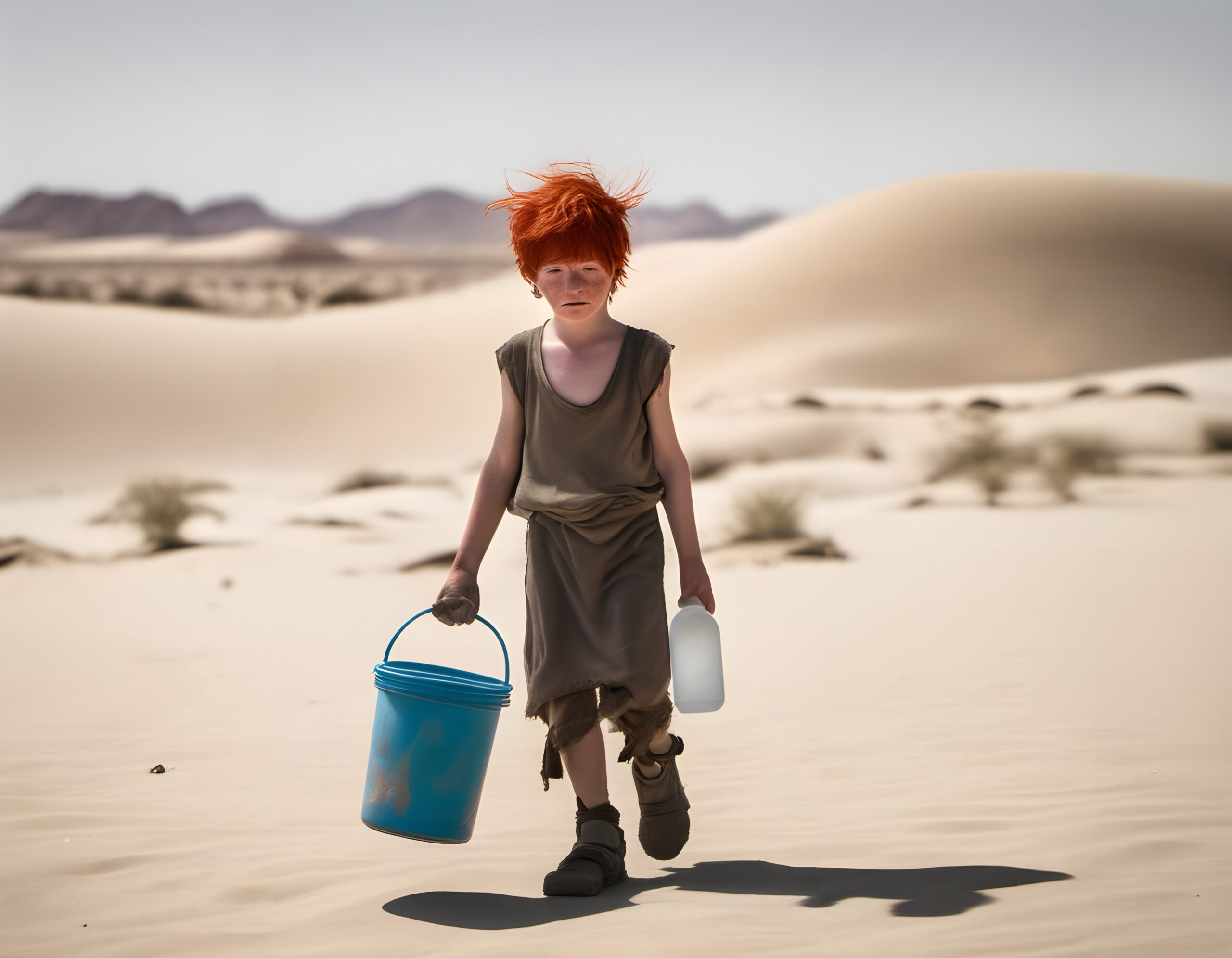 Child Crossing Arid Desert Scene