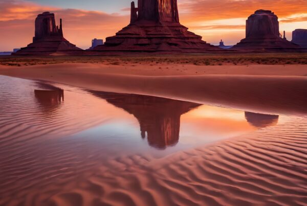 A breathtaking sunset over desert towers reflects in rippled sands.