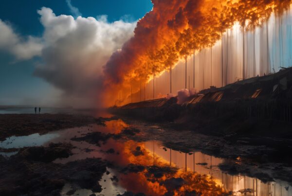 Dramatic orange smoke reflects on water in industrial landscape.