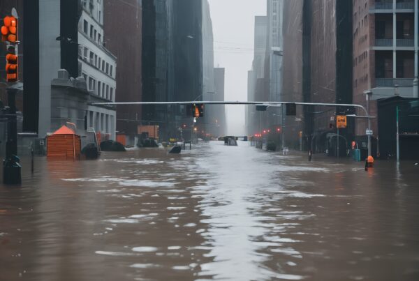 A flooded city street with high-rise buildings and traffic lights submerged in water, indicating severe urban flooding.