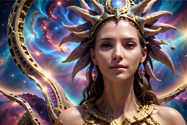 A regal, celestial figure adorned with an iridescent headdress stands gracefully before a galaxy-filled background.