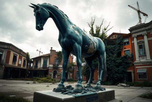 A large weathered horse sculpture stands in a brick courtyard surrounded by European-style architecture.