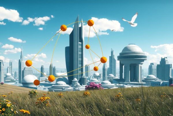 Futuristic cityscape with modern buildings, floating spheres, and a natural meadow under a bright blue sky.
