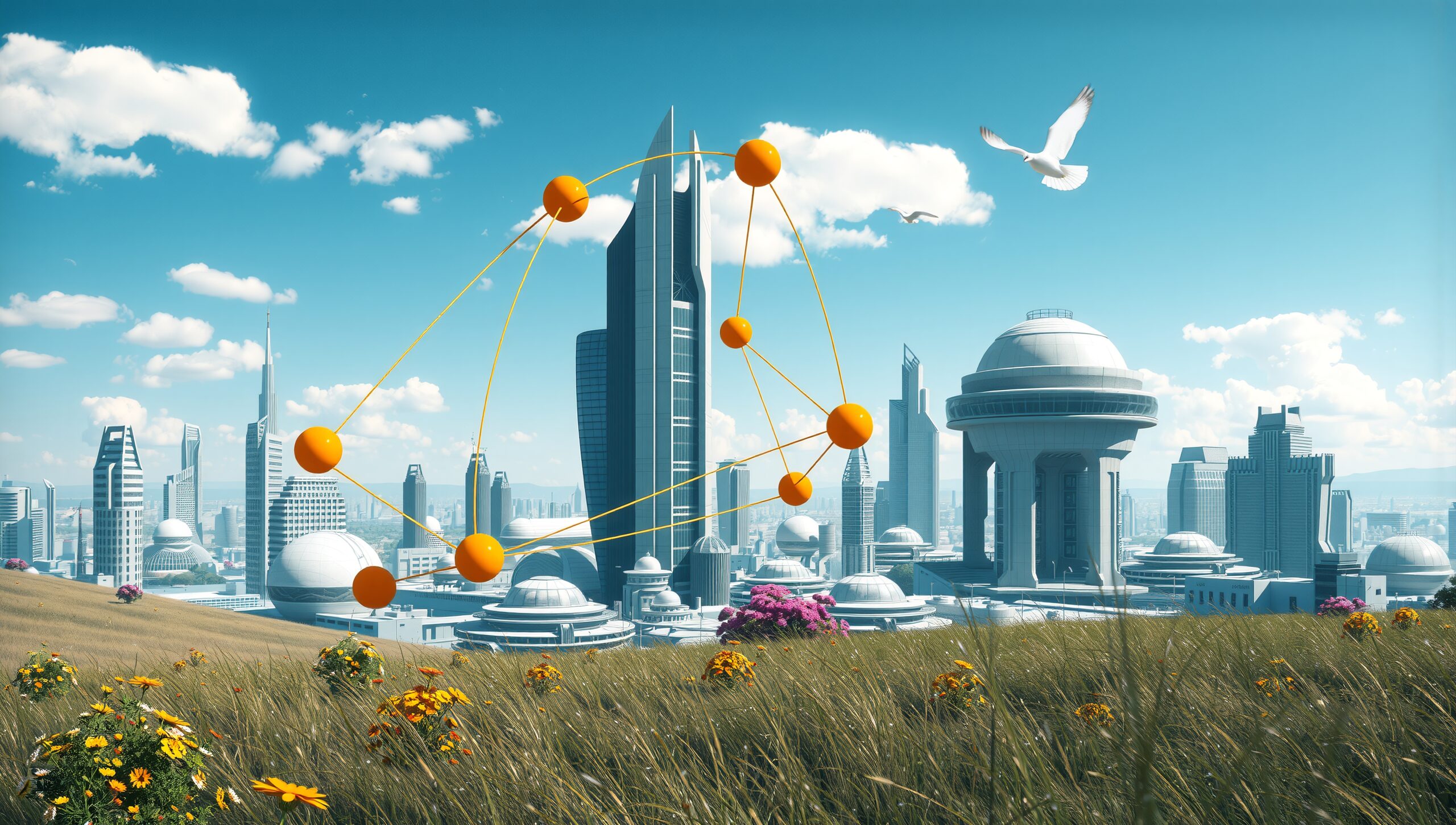 Futuristic City with Floating Orbs