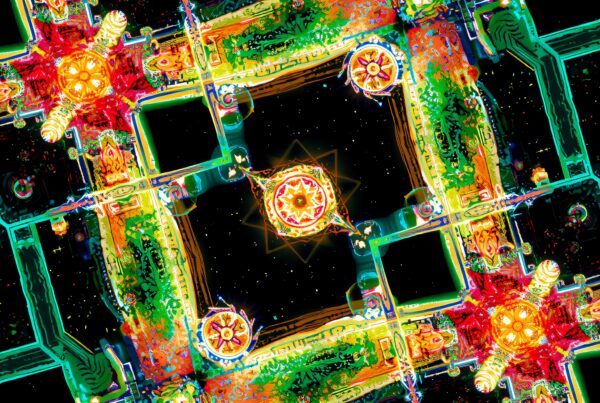 Vibrant kaleidoscope design with intricate geometric patterns.