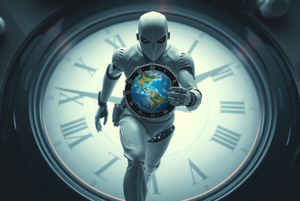 A humanoid robot holds planet Earth in front of a clock.