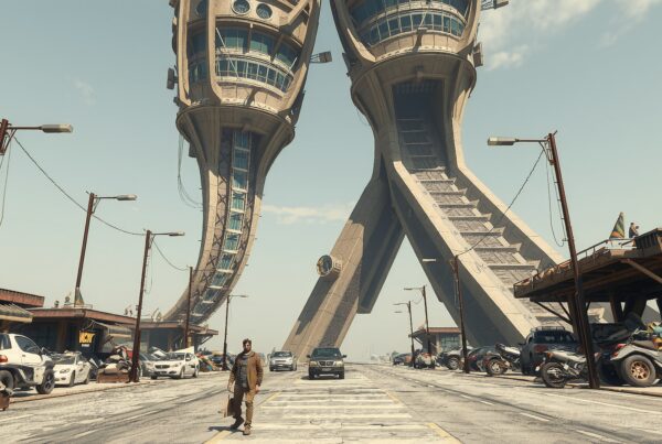 Futuristic leaning skyscrapers in bustling urban cityscape.