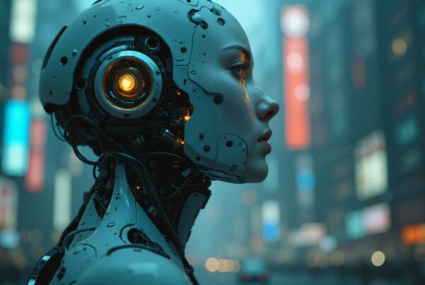 A humanoid robot in a brightly-lit futuristic city with blurred neon lights.