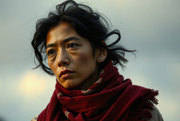 A contemplative woman with a red scarf gazes thoughtfully into the distance against a muted sky.