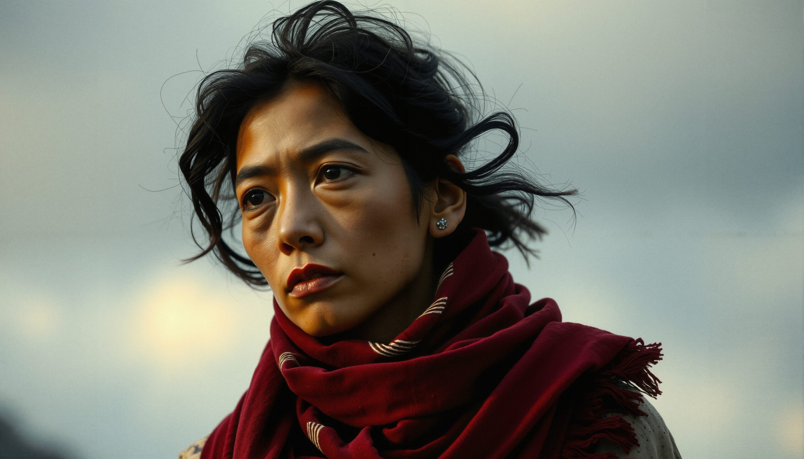 Contemplative woman in red scarf