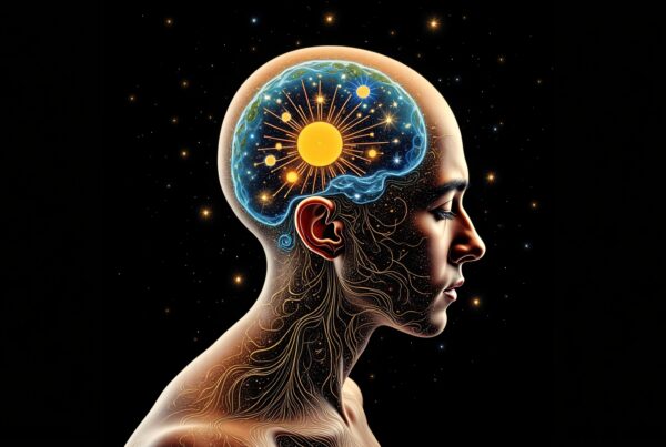 A serene profile view of a person with a cosmic brain, illustrating interconnectedness and introspection.