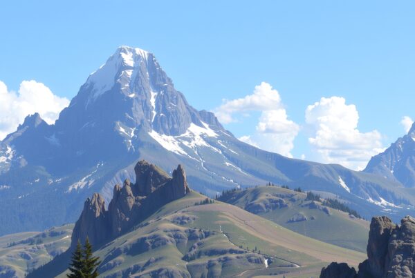 Snow-capped mountain peaks under blue sky with clouds.