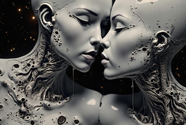 Futuristic humanoid figures with cosmic theme.