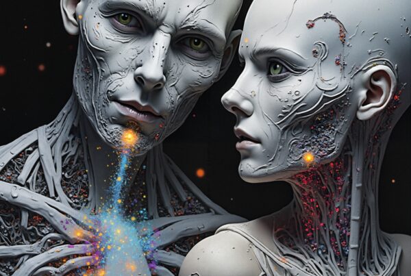 A futuristic humanoid figure exchange displaying colorful energy transfer.
